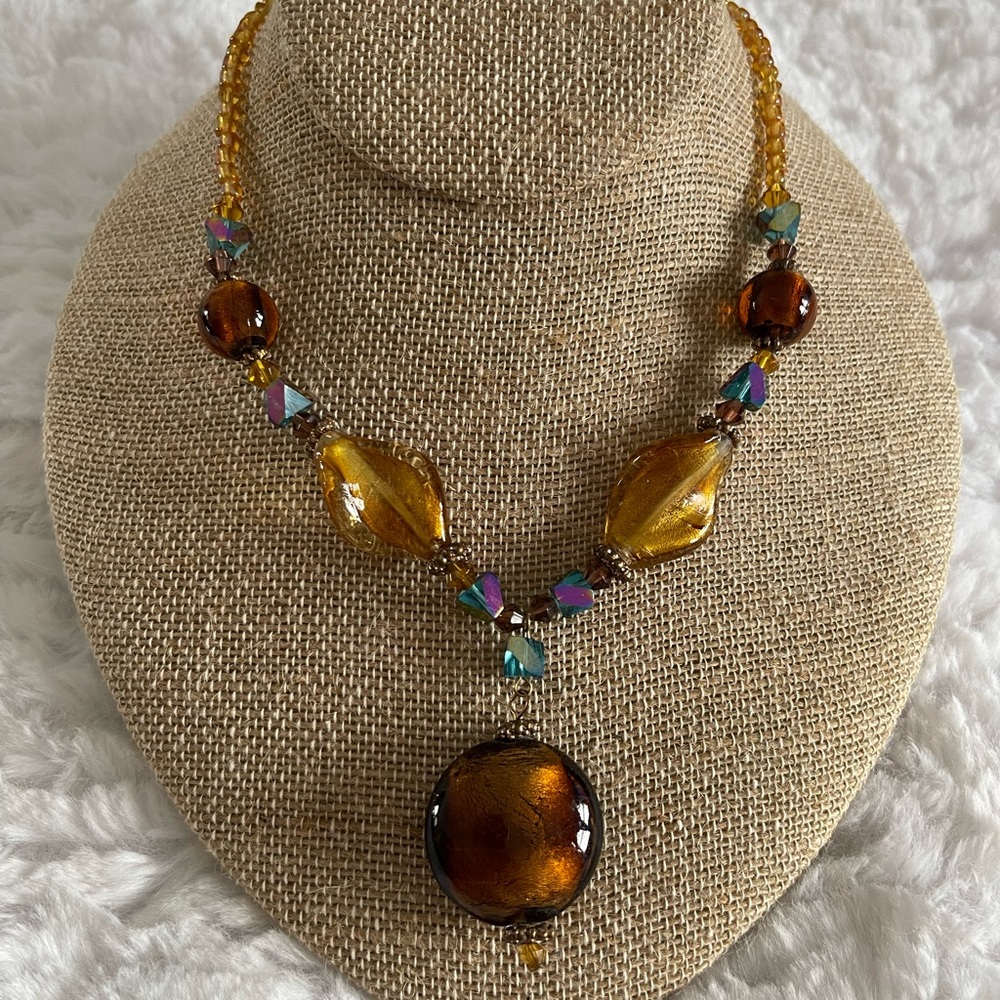 Handcrafted Amber Tone Glass Bead Statement Necklace Boho Artisan